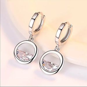 Silver Hoop Drop Earrings with Clear Crystal Accent
